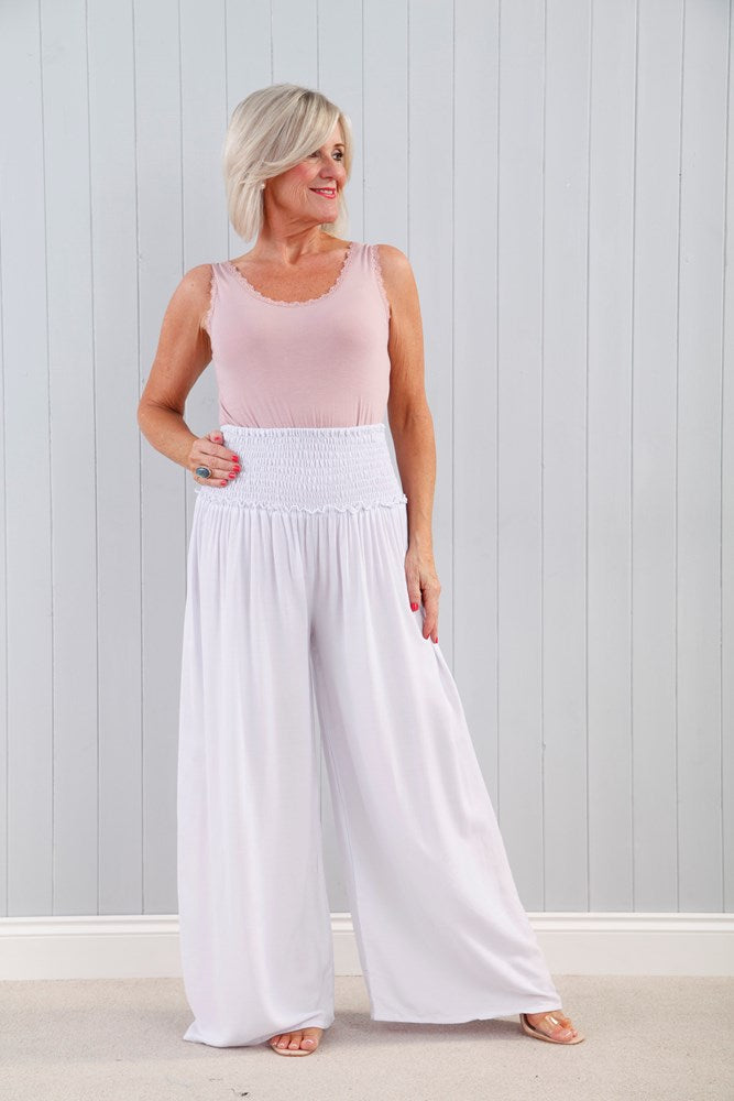 Ruched Waist Palazzo Pants White