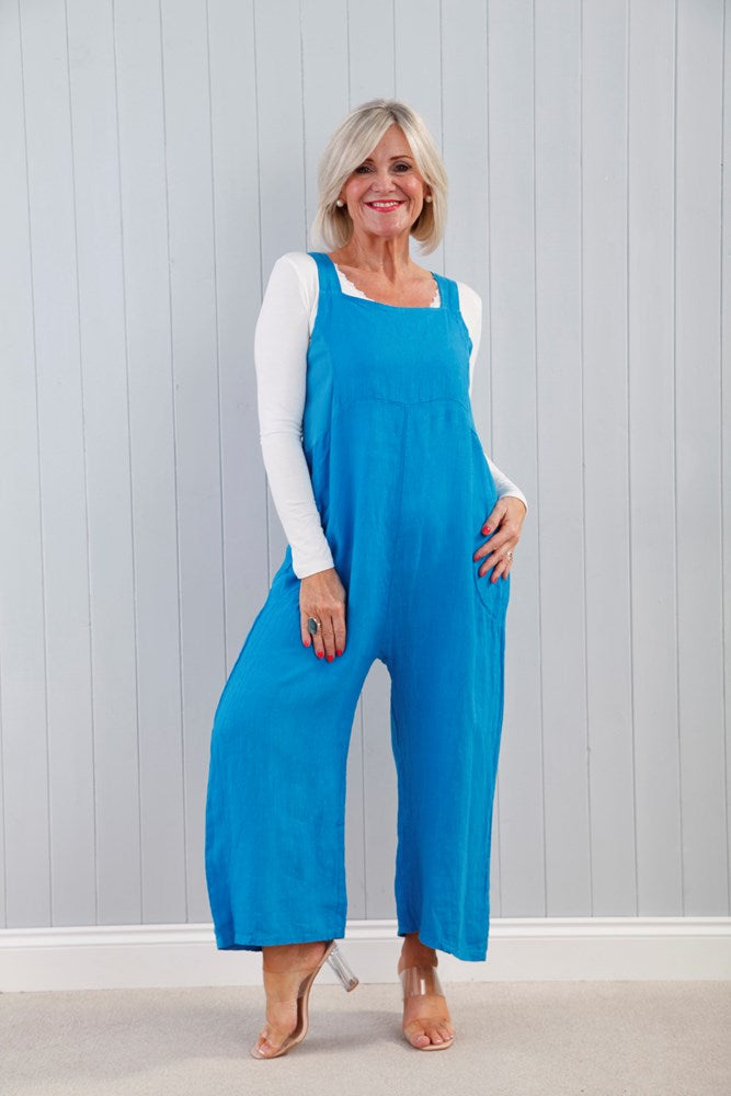 Linen Zip-Up Dungarees Turquoise