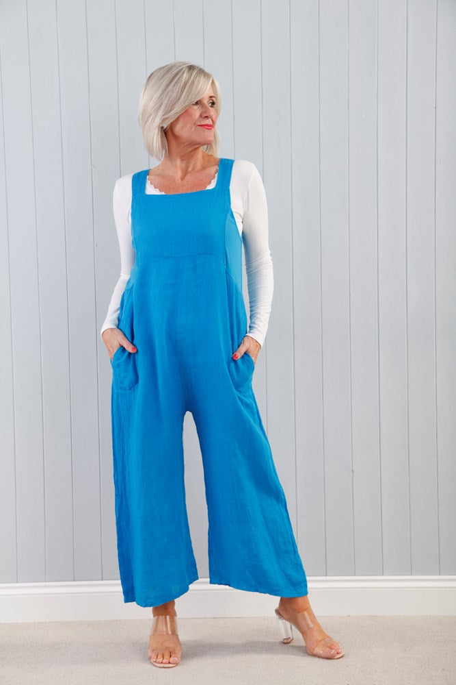 Linen Zip-Up Dungarees Turquoise