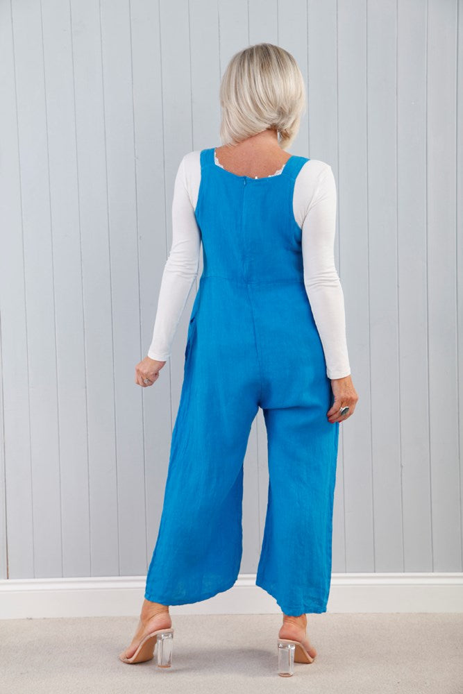 Linen Zip-Up Dungarees Turquoise