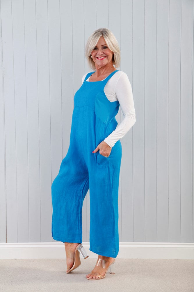 Linen Zip-Up Dungarees Turquoise