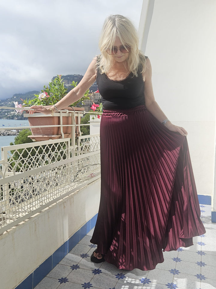 Satin Pleated Skirt Wine