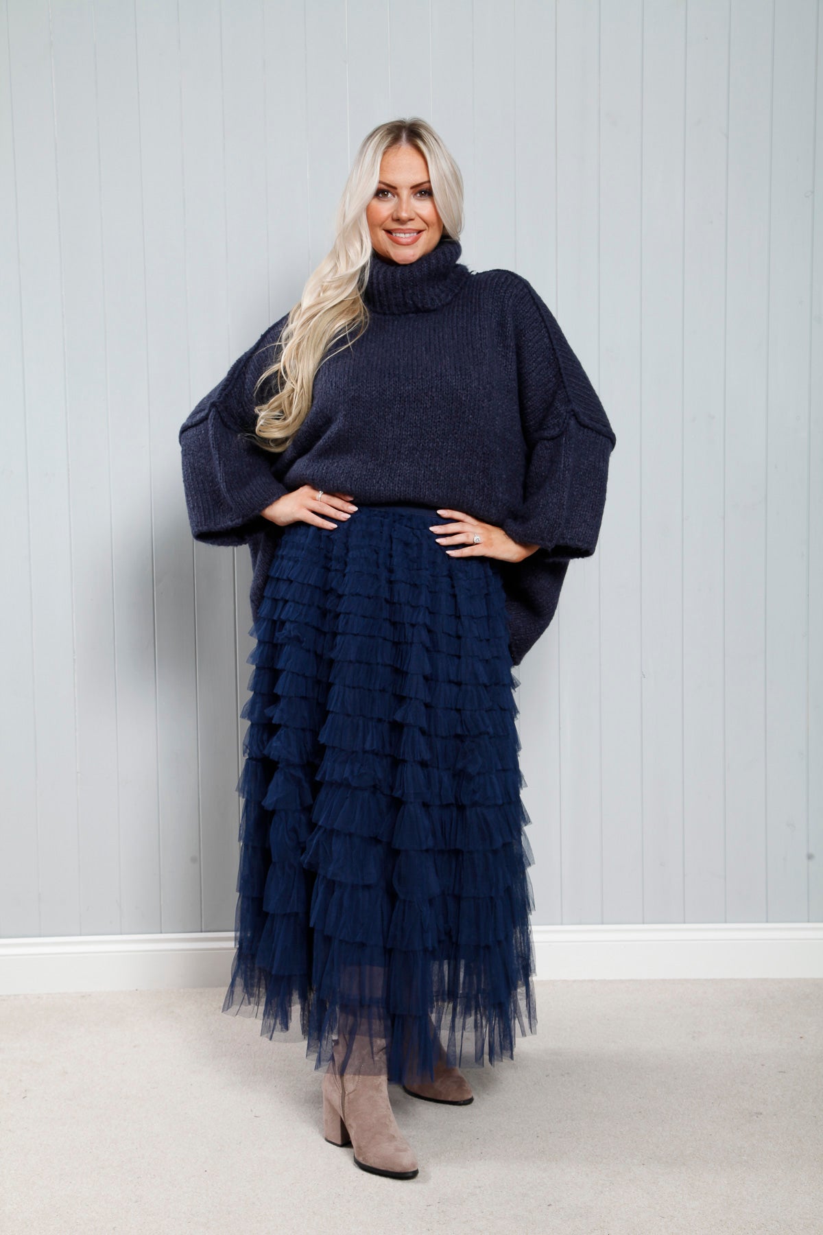 Ruffle skirt navy clearance blue