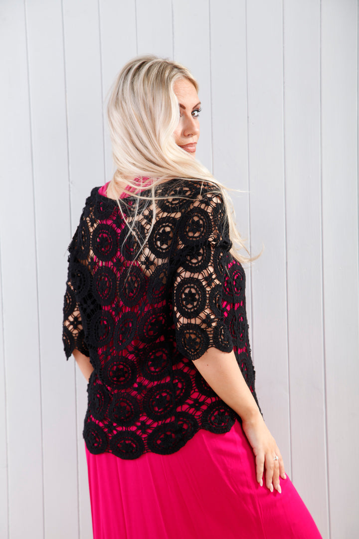 Joelle Crochet Tie Cardigan Black