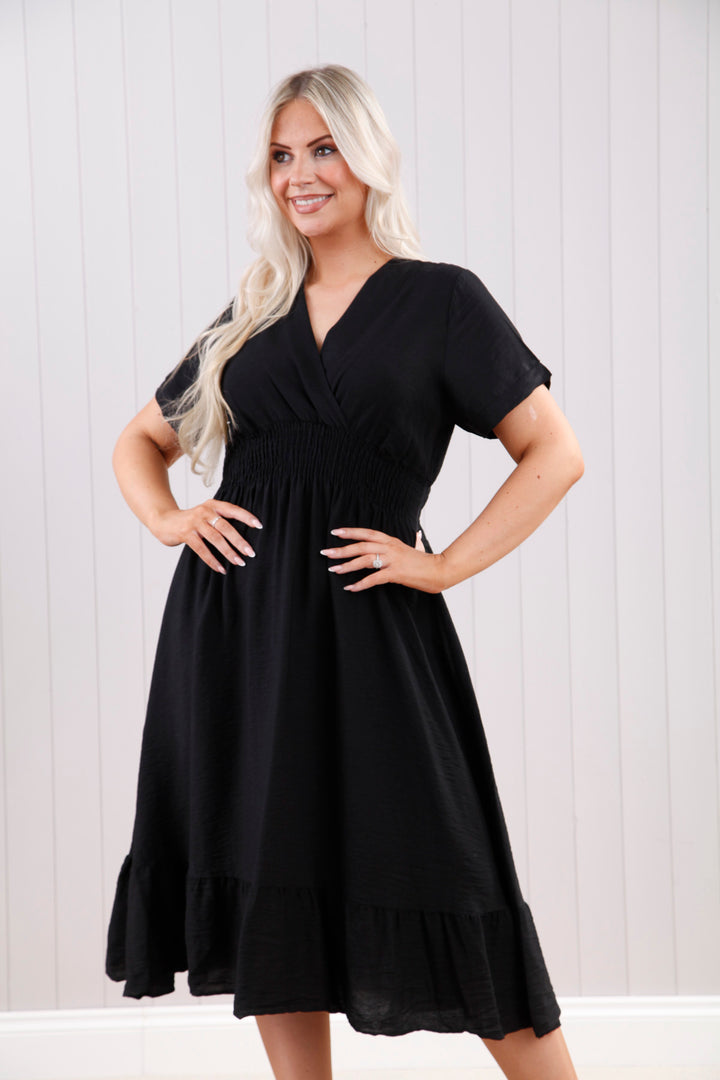 Black Wrap Front Midi Dress