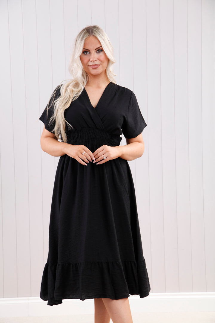 Black Wrap Front Midi Dress