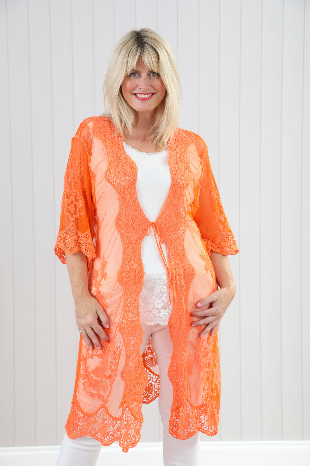 Peacock Sheer Cardigan Tangerine