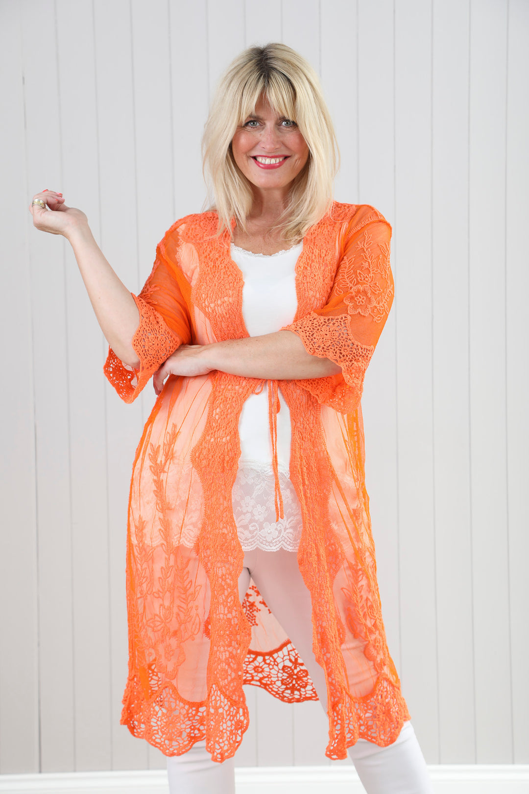 Peacock Sheer Cardigan Tangerine