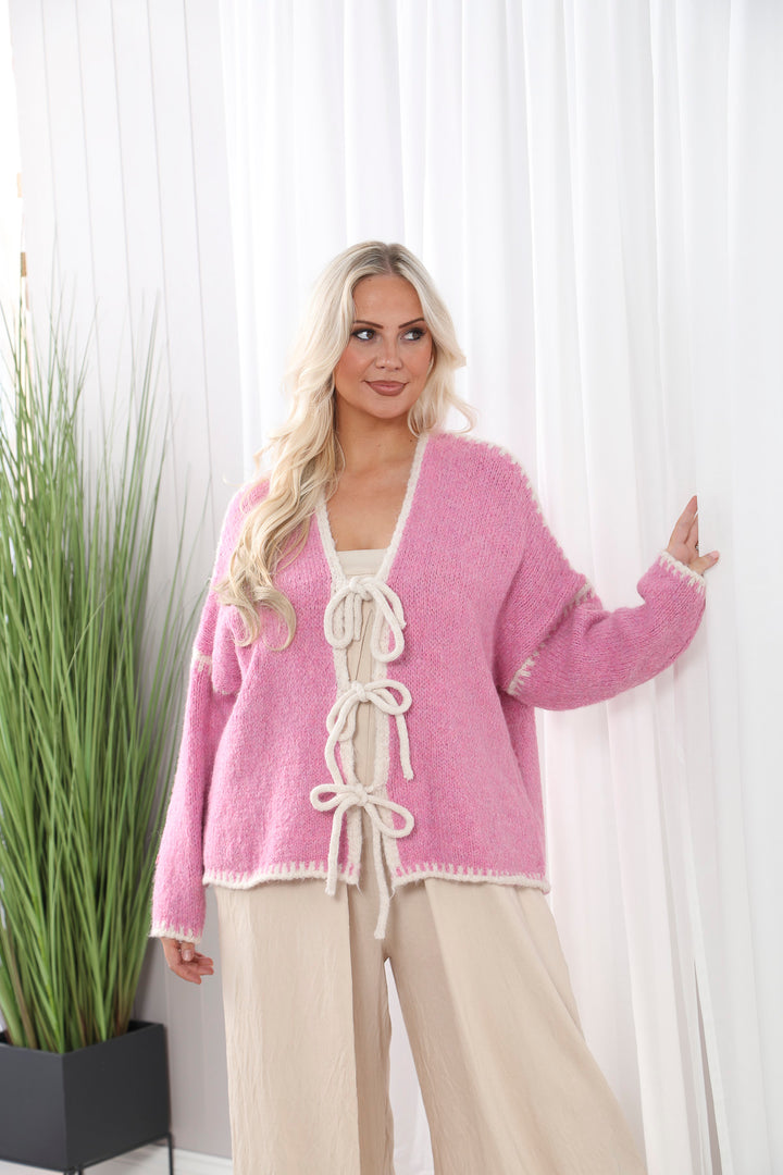 Stitch Tie Front Cardigan Pink