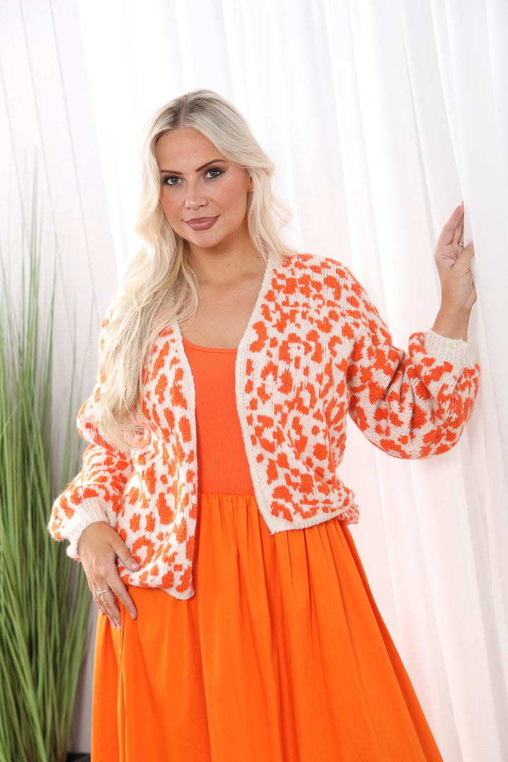 Leopard Knit Cardigan White/Orange