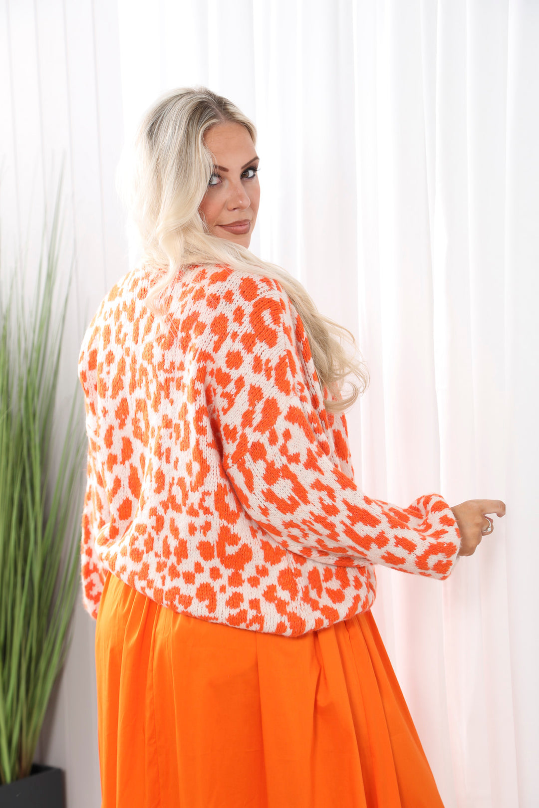 Leopard Knit Cardigan White/Orange