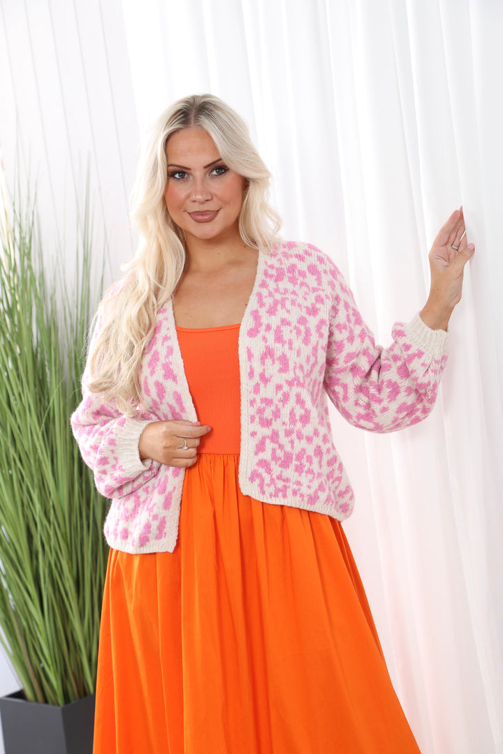 Leopard Knit Cardigan White/Pink