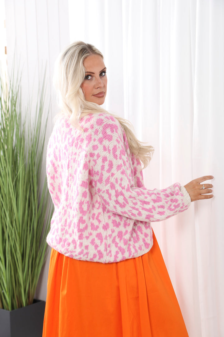 Leopard Knit Cardigan White/Pink