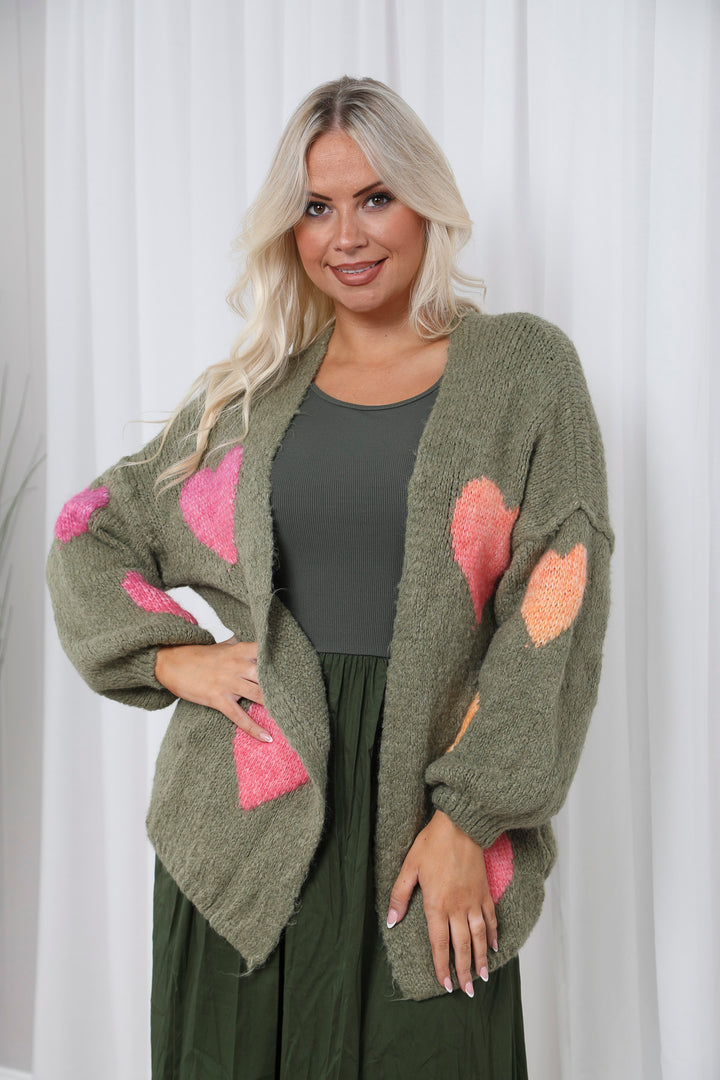 Julia Heart Cardigan Khaki