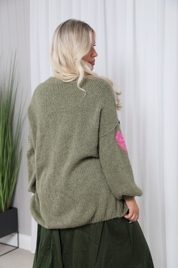 Julia Heart Cardigan Khaki