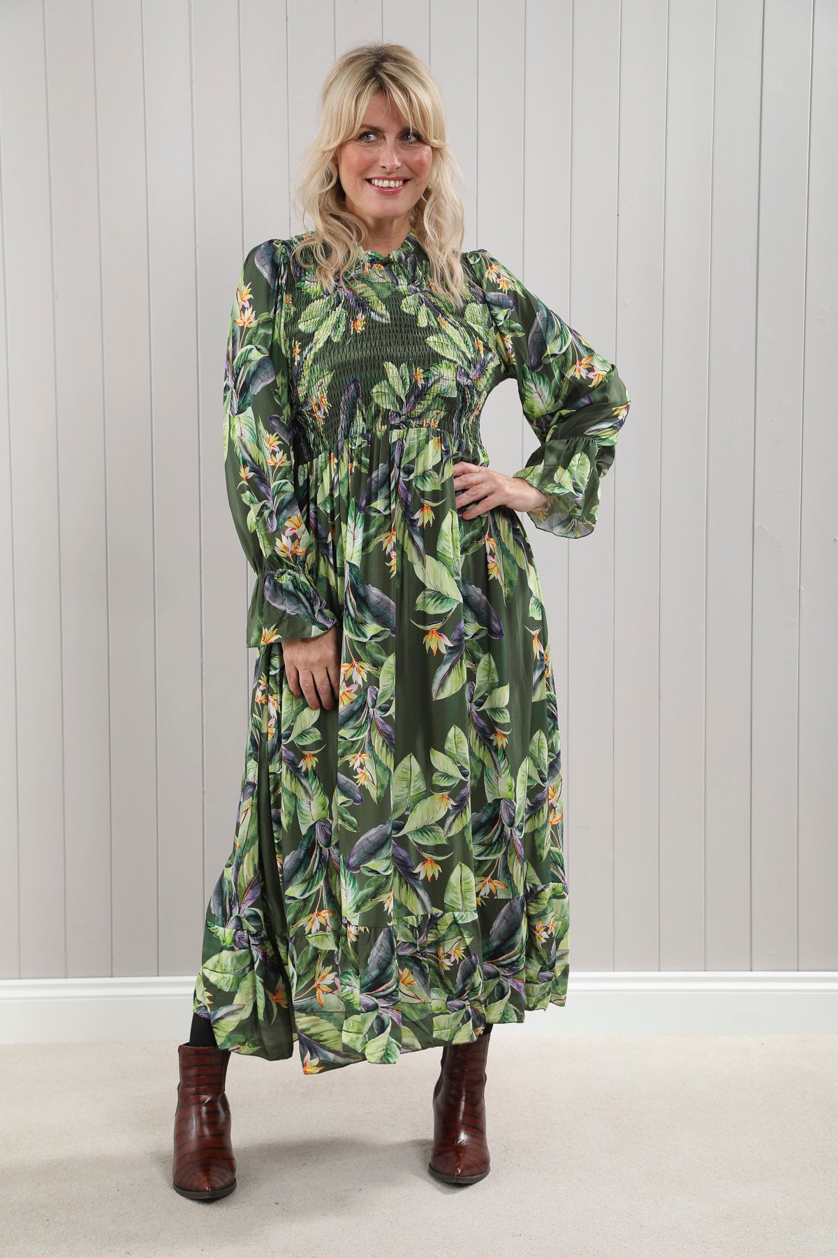 Shirred Leaf Print Dress Goose Island