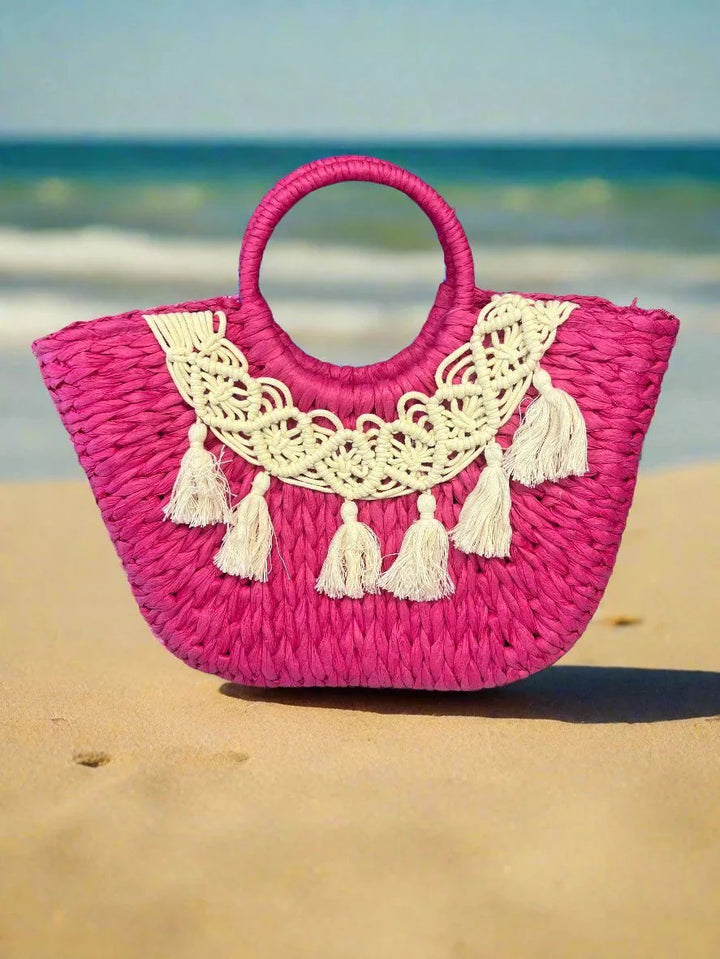 Fuchsia Straw Bag with tassels