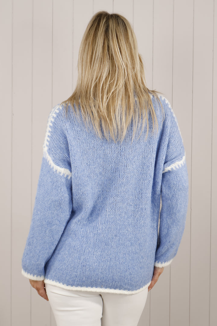 Funnel Neck Stitch Jumper Blue/White