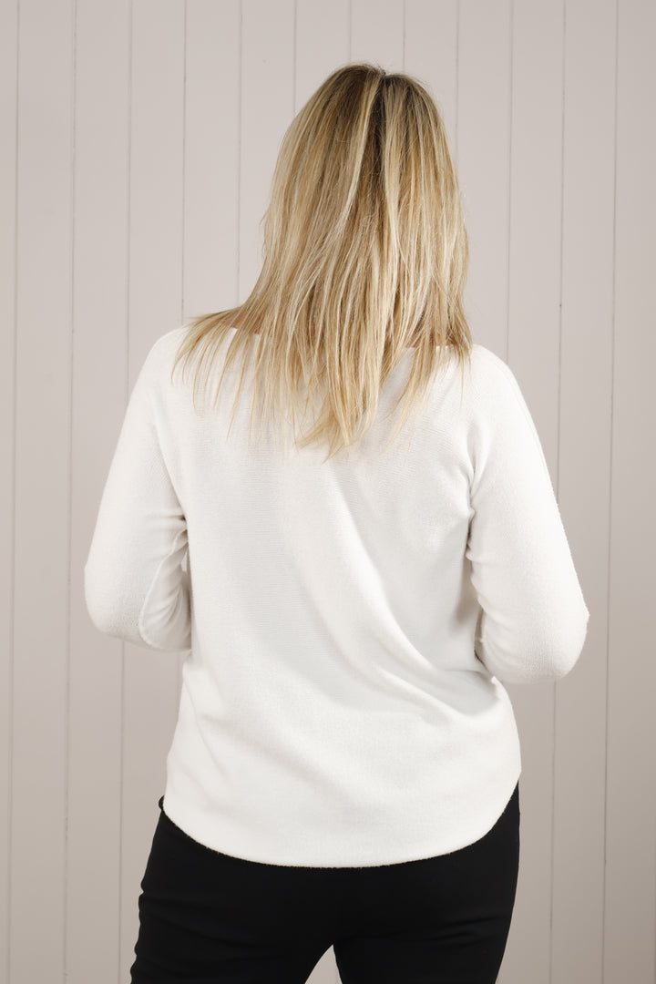 Curved Hem V Neck Jumper Cream