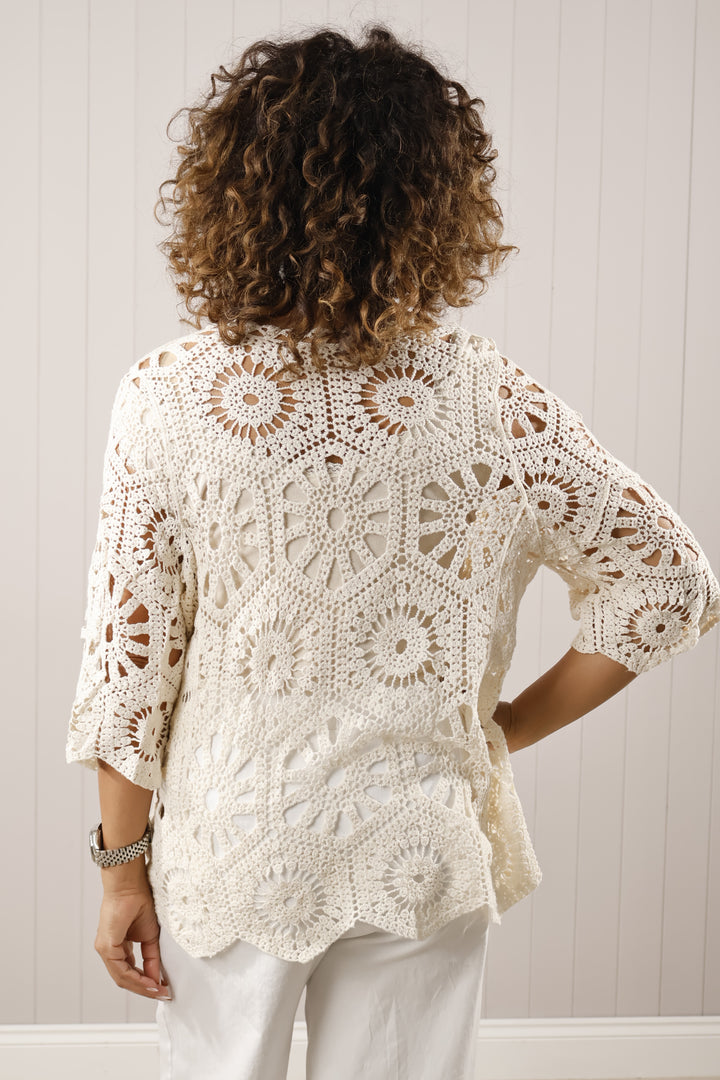 Allegra Pearl Crochet Cardigan Beige