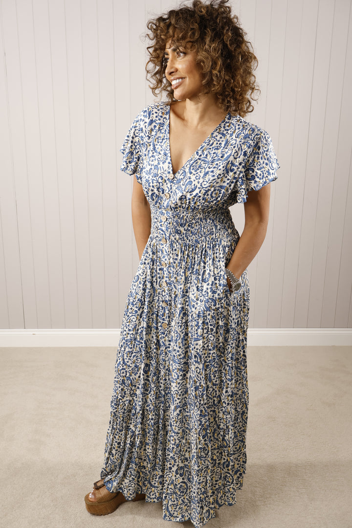 Gold Leaf Maxi Dress Blue