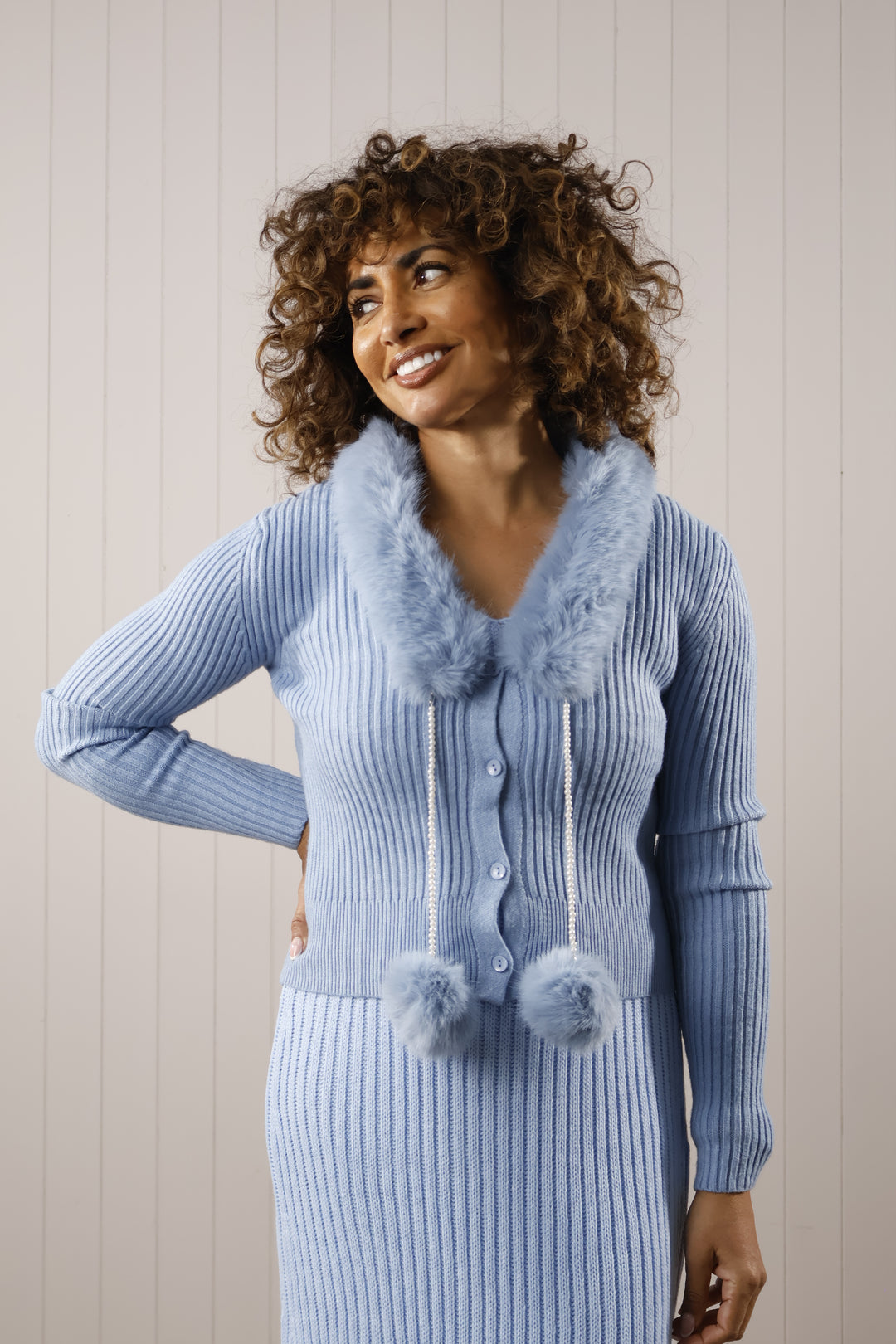 Cari Pom Pom knit Cardi  Blue