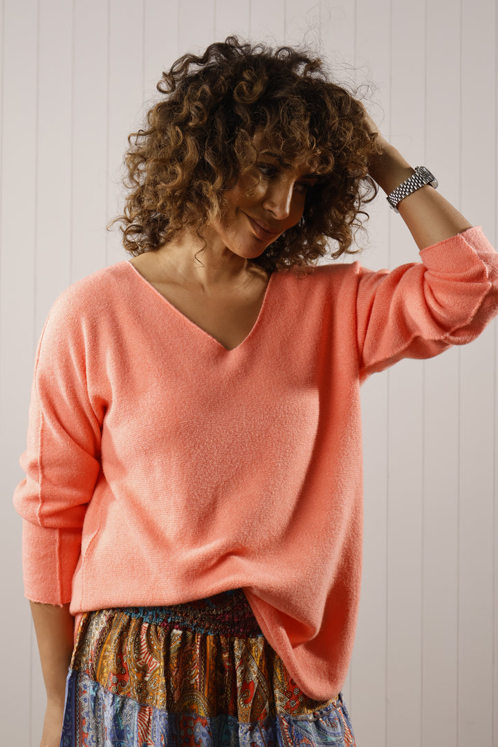 Curved Hem V Neck Jumper Coral