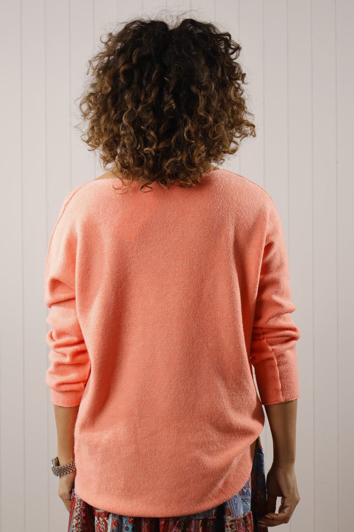 Curved Hem V Neck Jumper Coral