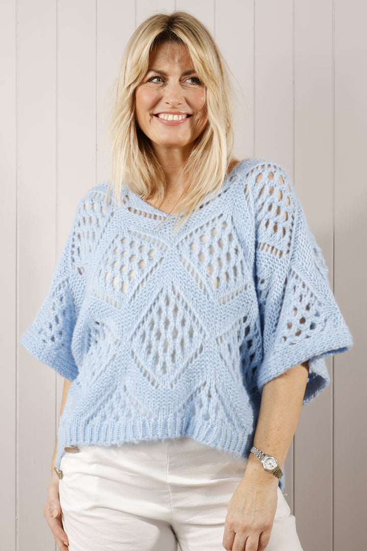 Aven Open Knit Jumper Spring Blue