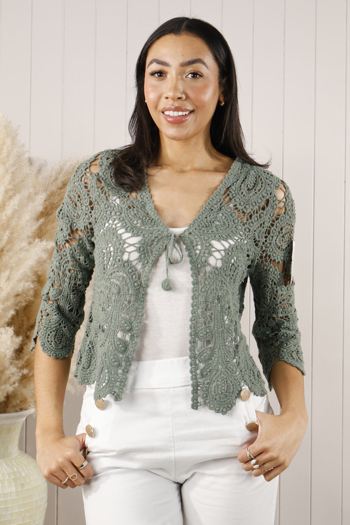 Cyra Crochet Cardigan  Khaki