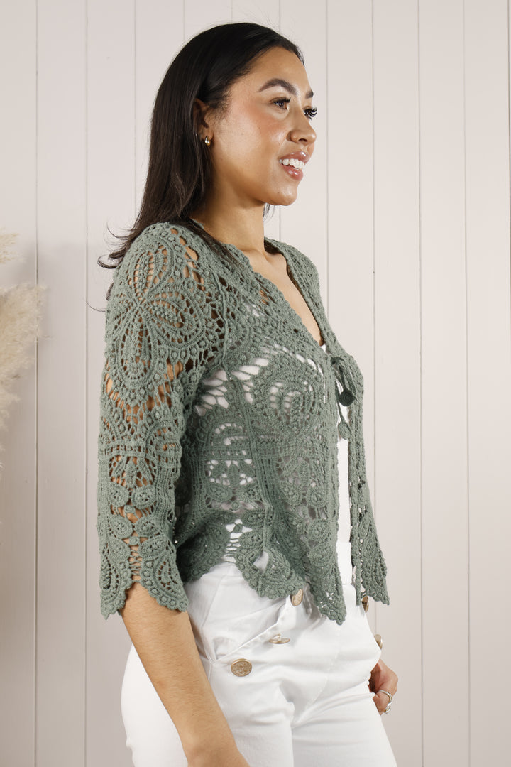 Cyra Crochet Cardigan  Khaki