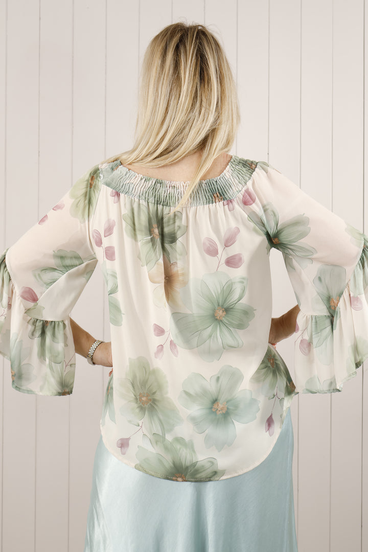 Kyra Chiffon Floral Top Aqua