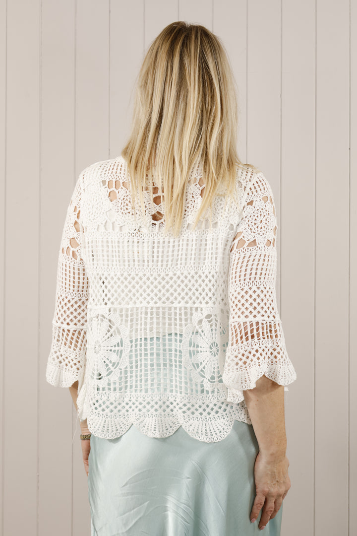 Verity Fluted sleeve crochet Top White