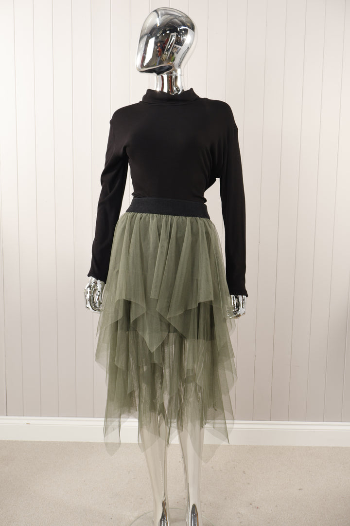 Short Layered Tulle Skirt Khaki