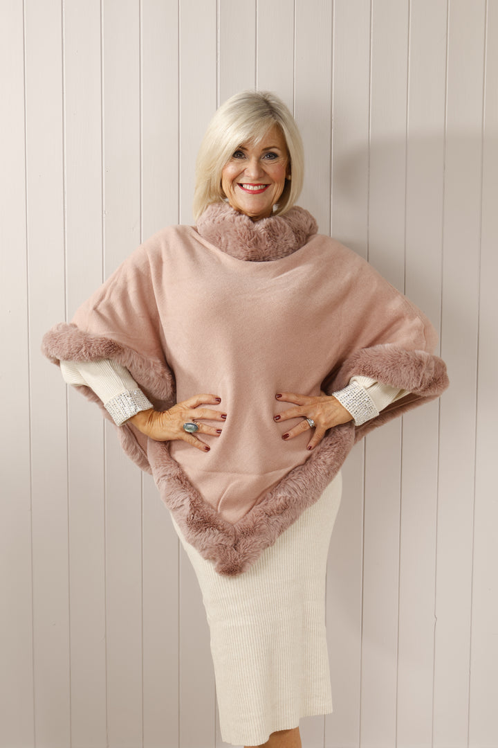 Nova Faux Fur Edge Poncho Pink