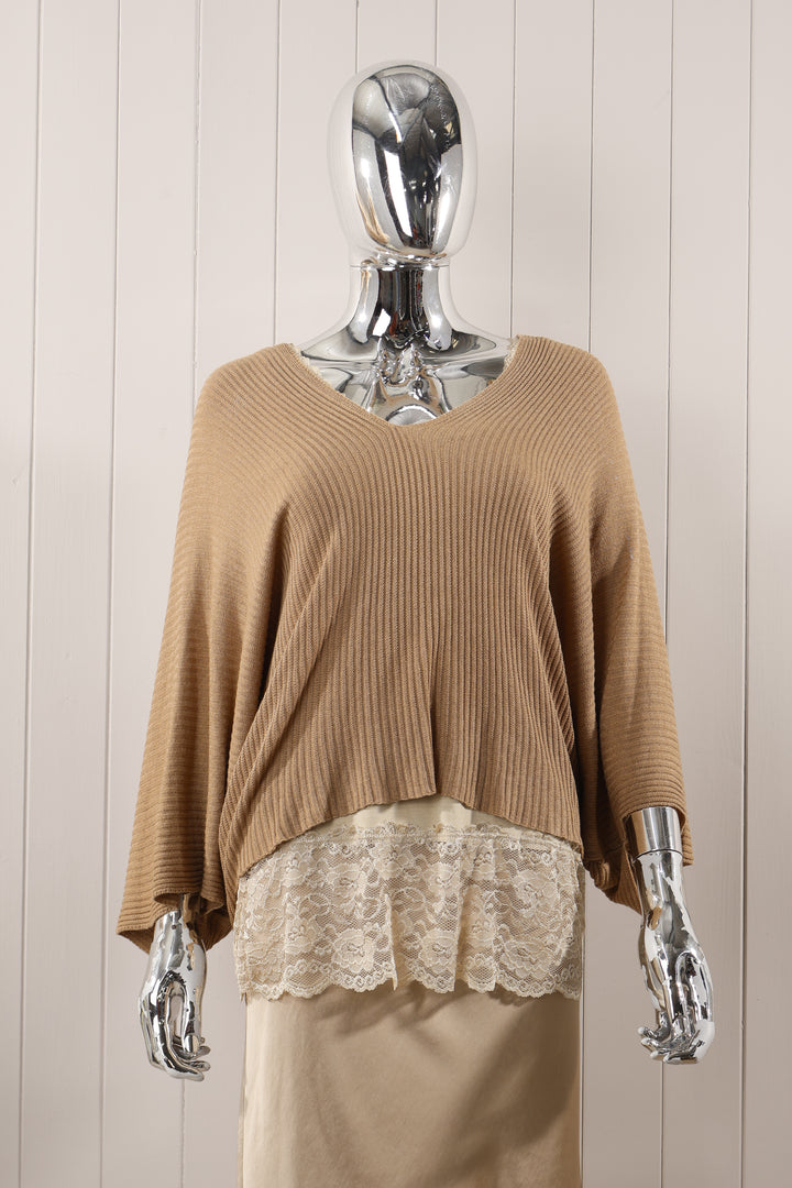 V-Neck Knitted Batwing Top Beige