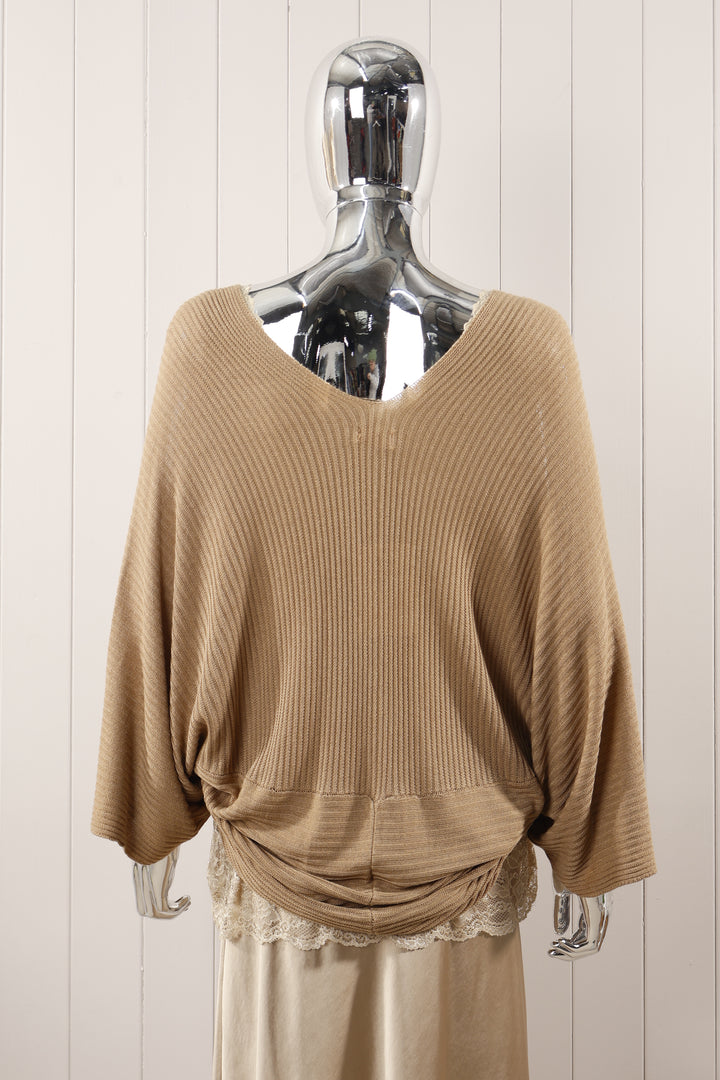 V-Neck Knitted Batwing Top Beige