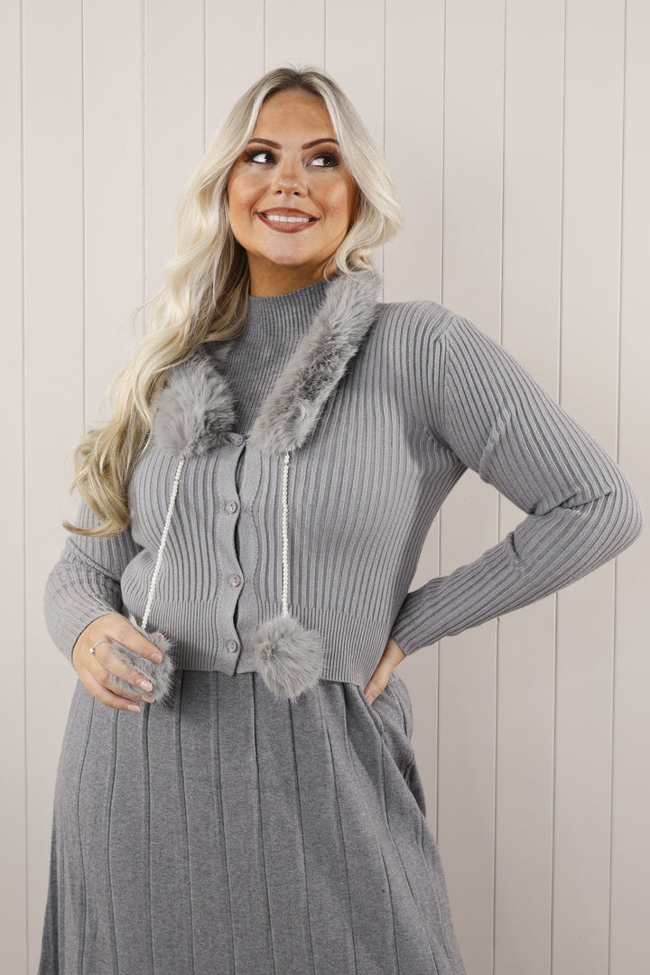 Cari Pom Pom knit Cardi Grey