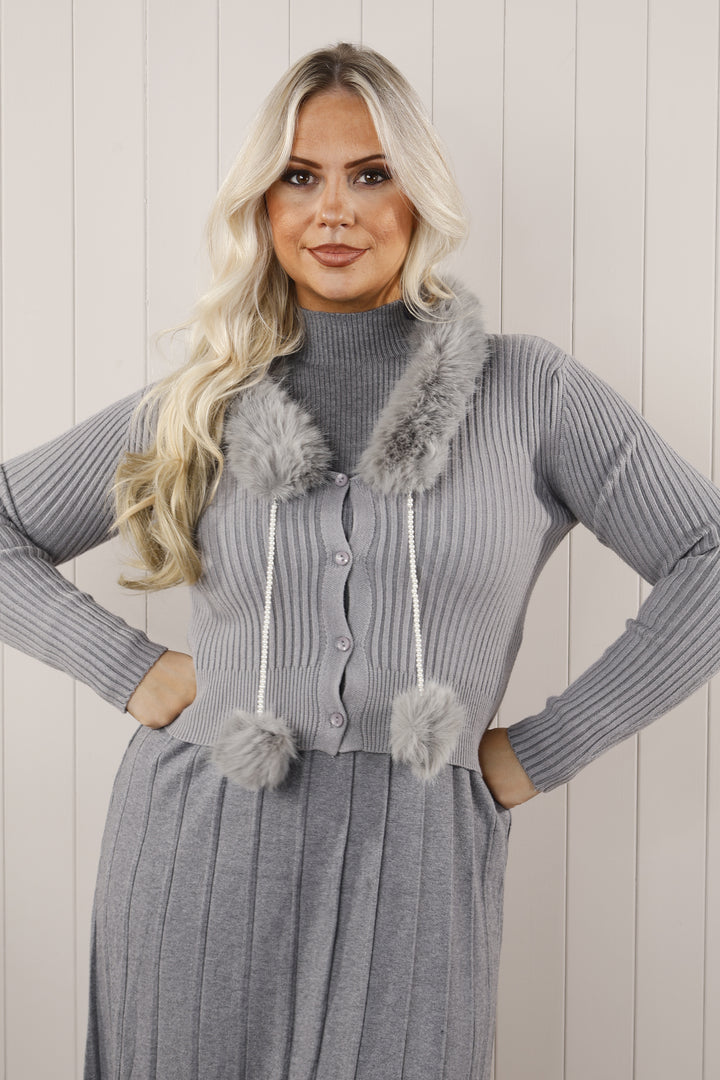 Cari Pom Pom knit Cardi Grey