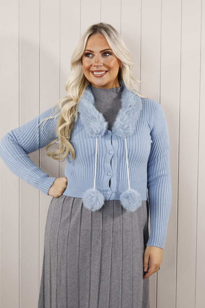 Cari Pom Pom knit Cardi  Blue