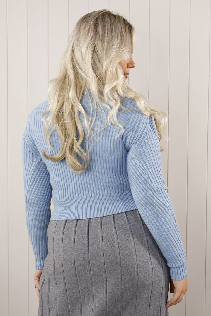 Cari Pom Pom knit Cardi  Blue