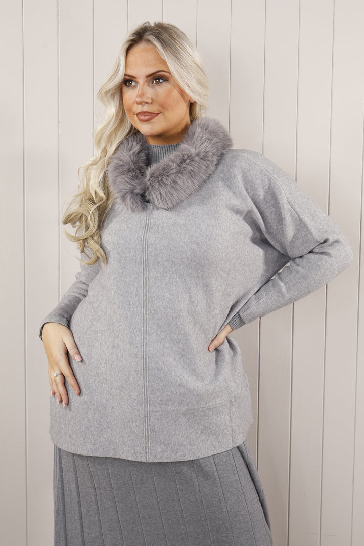 Florie Faux fur neck Jumper  Grey