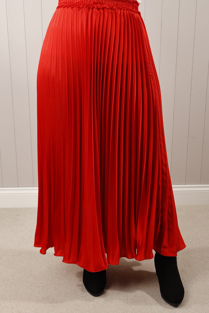 Satin Pleated Skirt  Red