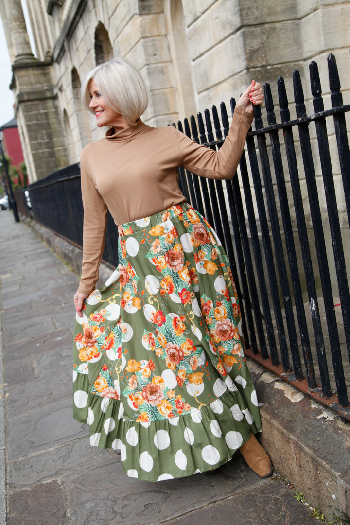 Polka Dot Floral Maxi Skirt Khaki