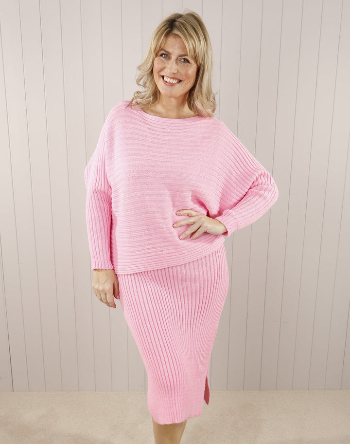 Woollen Knitted Two Piece Dress Pink