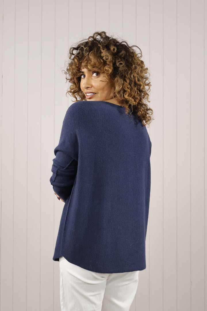 Curved Hem V Neck Jumper Navy