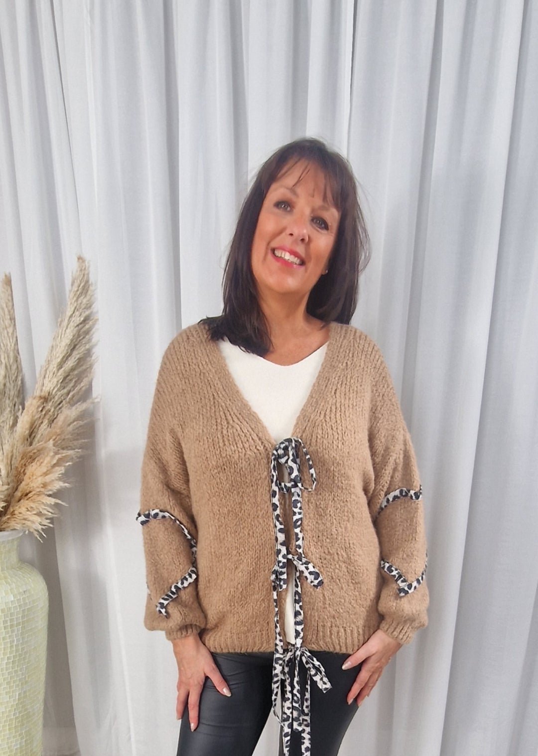 Heart Leopard Tie Cardigan Camel