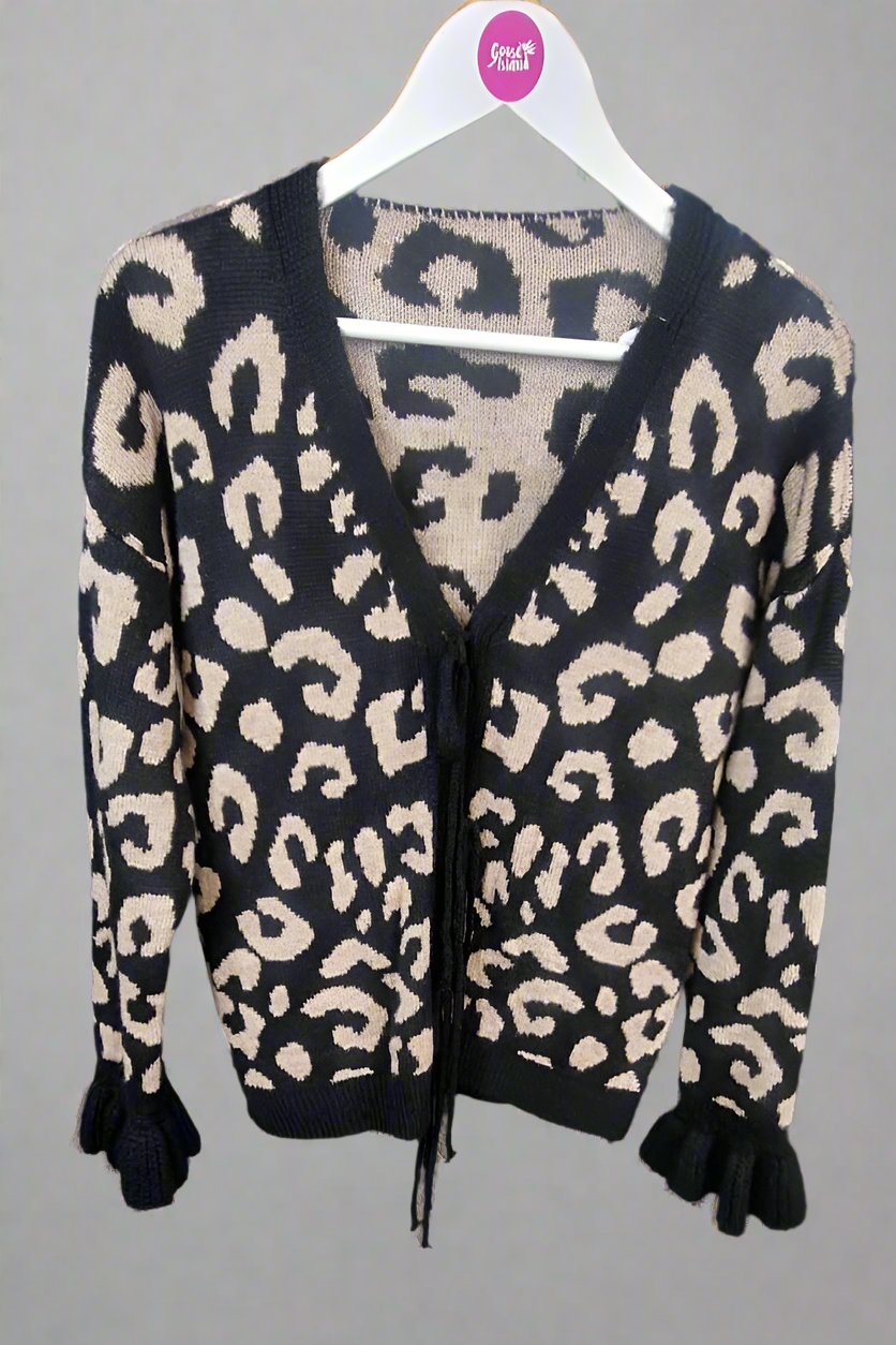 Frill cuff Leopard cardigan Black/Beige