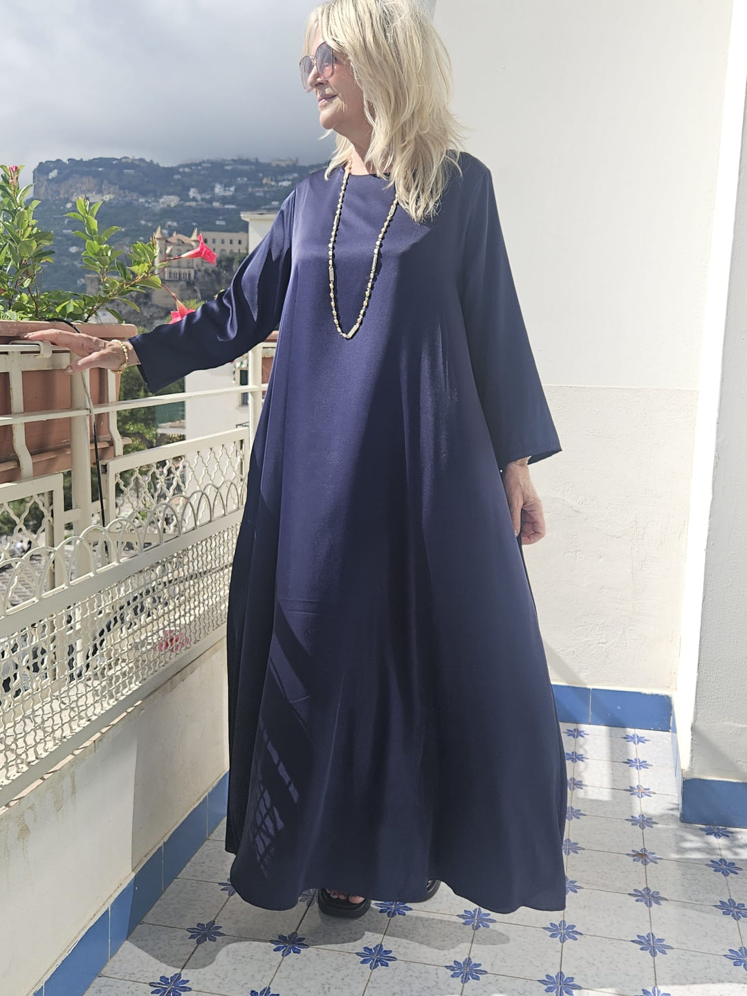 Long Sleeved Satin Dress Navy