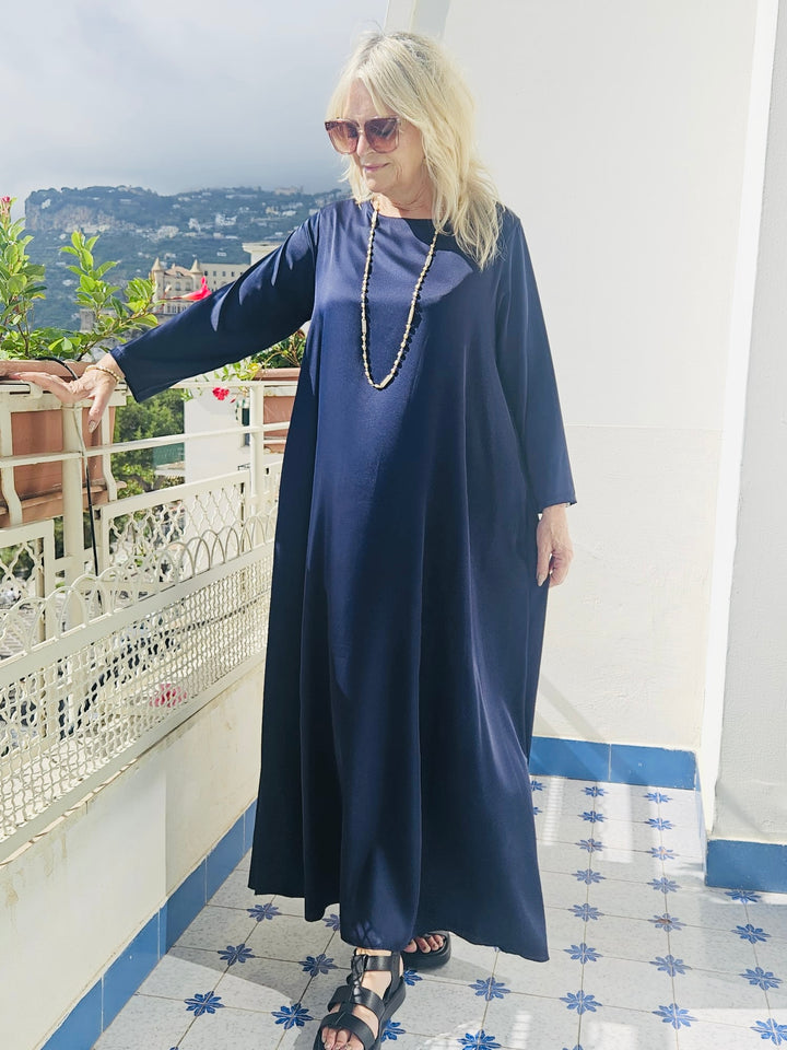 Long Sleeved Satin Dress Navy